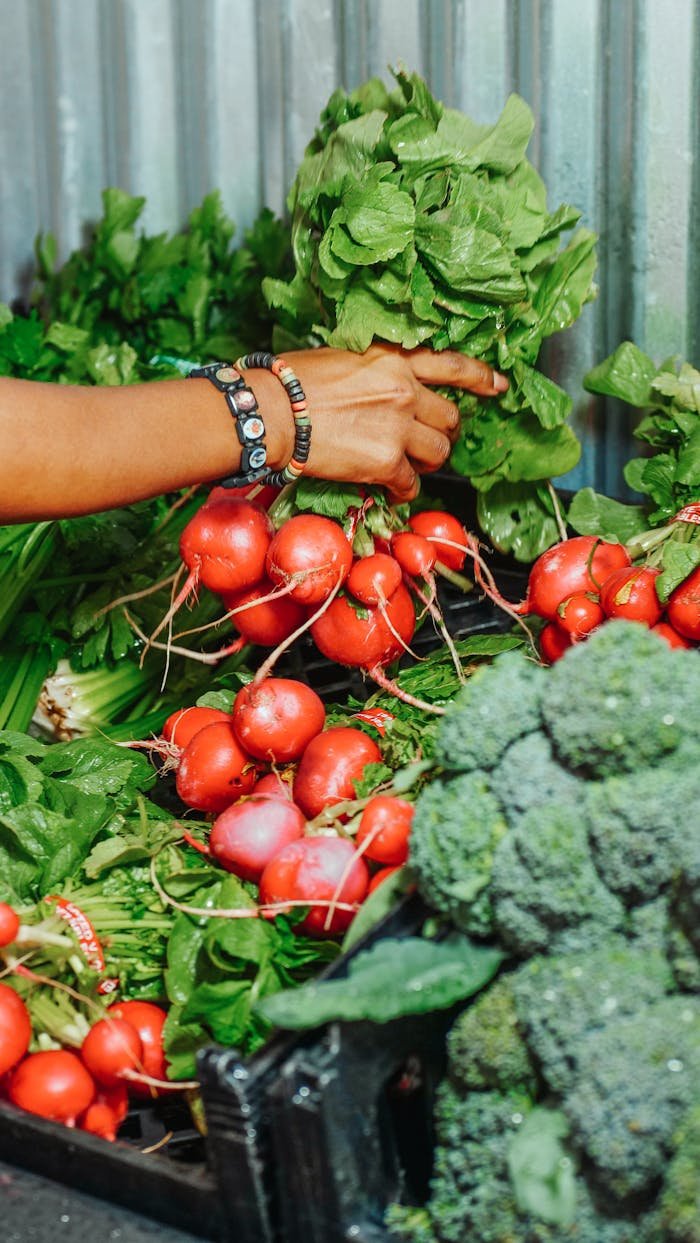 Close-up of mixed fresh vegetables including radishes and broccoli being handpicked at a market.